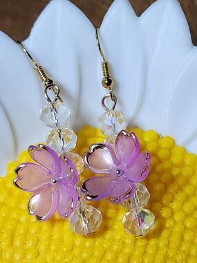 Pink Floral Drop Earrings with AB Crystal Glass Beads